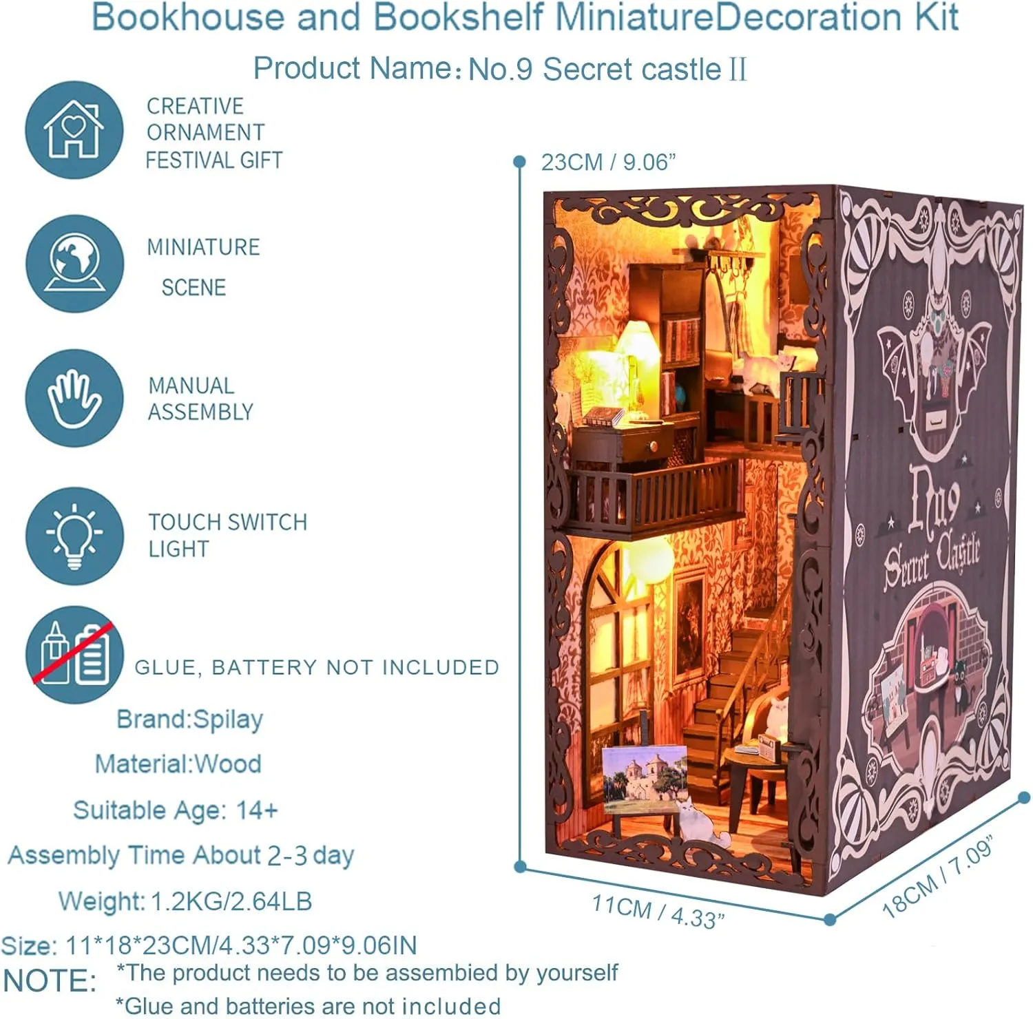 Spilay DIY Book Nook Kit, DIY Dollhouse Booknook Bookshelf Insert Decor Alley, Bookends Model Build-Creativity Kit with Music Box & LED for Teens and Adults Birthday ZWSL13