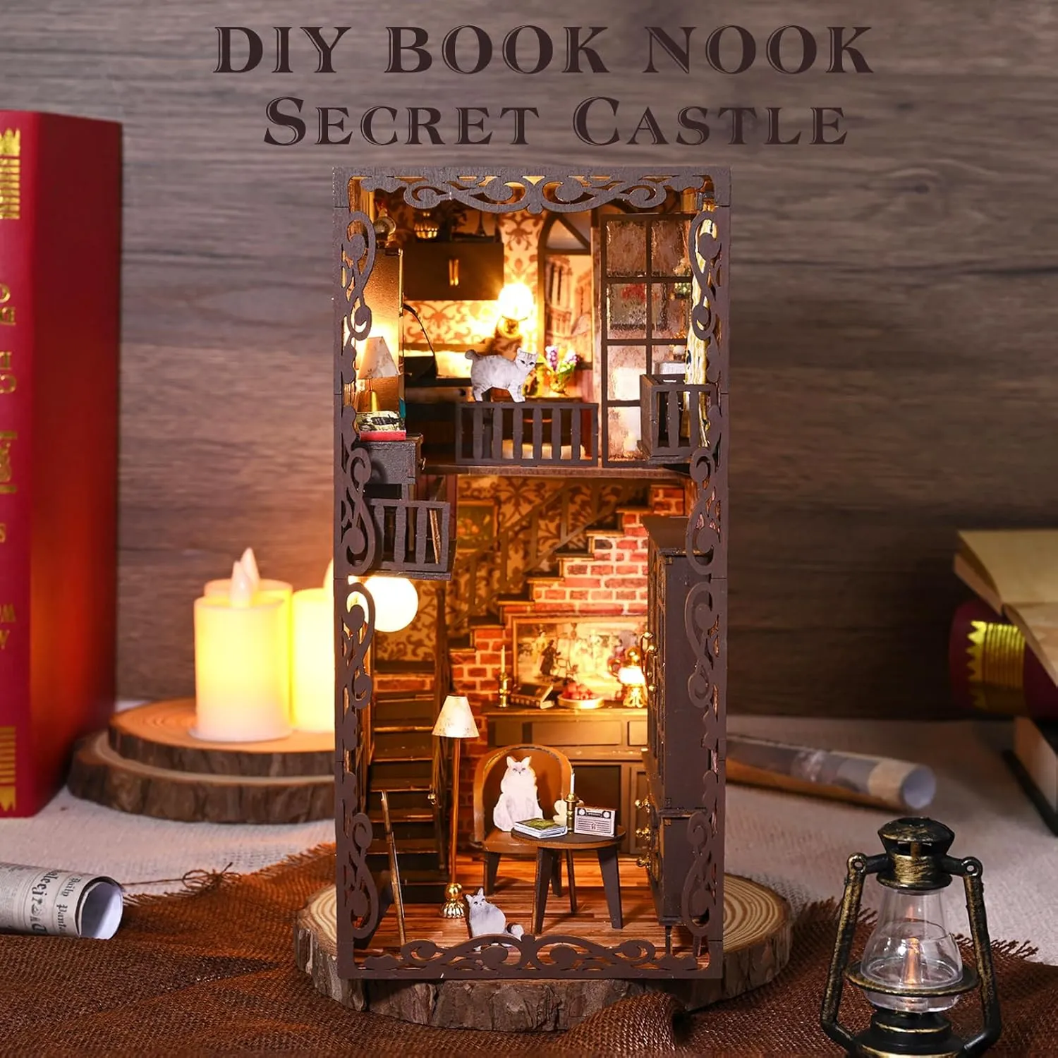 Spilay DIY Book Nook Kit, DIY Dollhouse Booknook Bookshelf Insert Decor Alley, Bookends Model Build-Creativity Kit with Music Box & LED for Teens and Adults Birthday ZWSL13