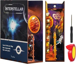 Spilay DIY Dollhouse Miniature Book Nook Assemble Kit,3D Wooden Puzzle Bookshelf Insert Decor with Sensor Light, Bookends Model Build-Creativity Kit for Adults Women Birthday Gift (Interstellar)
