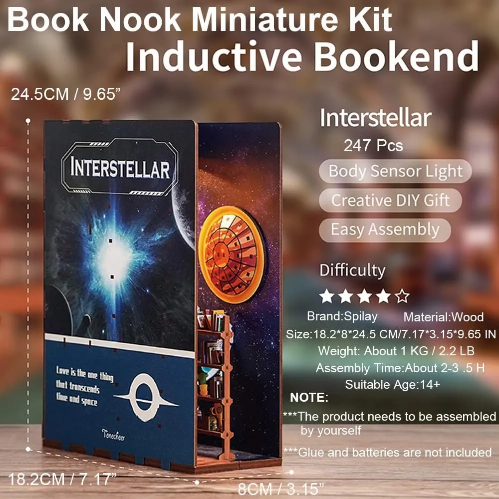 Spilay DIY Dollhouse Miniature Book Nook Assemble Kit,3D Wooden Puzzle Bookshelf Insert Decor with Sensor Light, Bookends Model Build-Creativity Kit for Adults Women Birthday Gift (Interstellar)