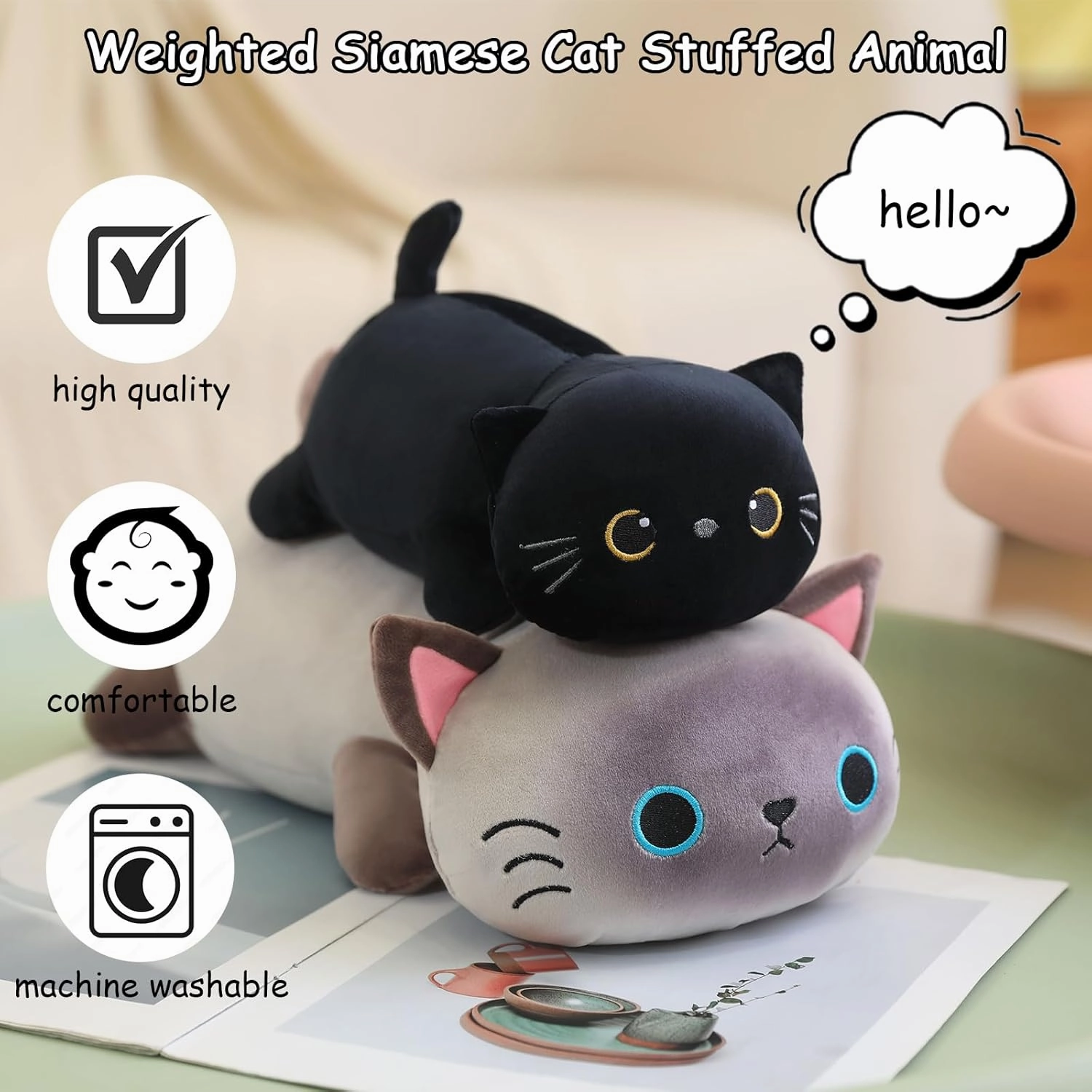 SQEQE Weighted Siamese Cat Plush, Weighted Siamese Cat Stuffed Animal, Cute Plushies Soft Pillow Toy Gift for Kids Adults 13.8 Inch, 1.6 Lbs