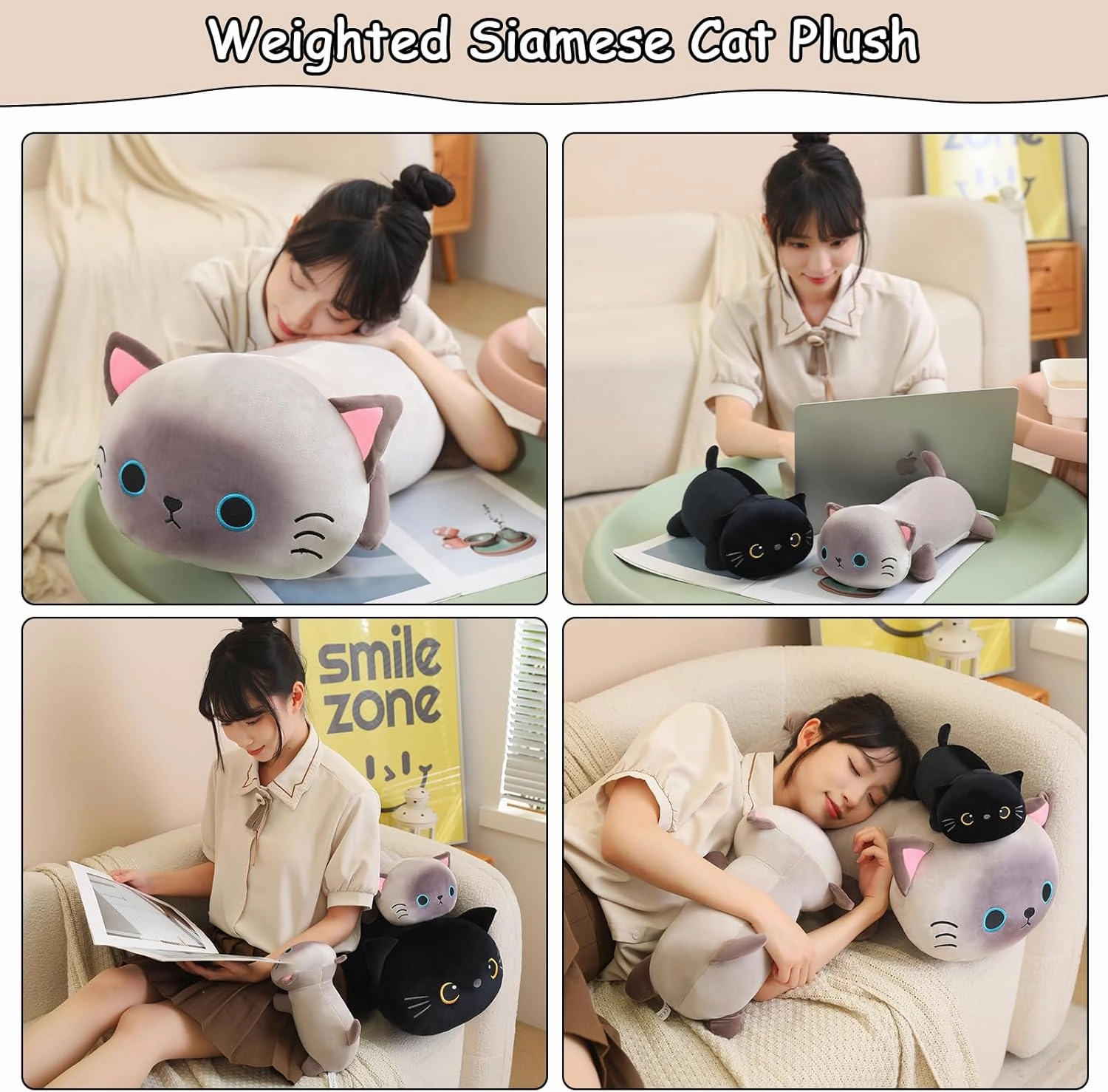 SQEQE Weighted Siamese Cat Plush, Weighted Siamese Cat Stuffed Animal, Cute Plushies Soft Pillow Toy Gift for Kids Adults 13.8 Inch, 1.6 Lbs