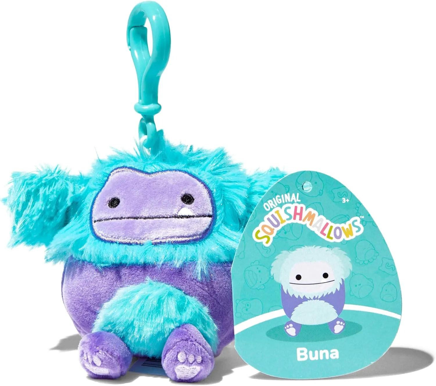Squishmallows Official Kellytoy 3.5 Inch Clip On Bag Keychain Backpack Clips Collectible Pillow Animal (Buna Bigfoot), Small