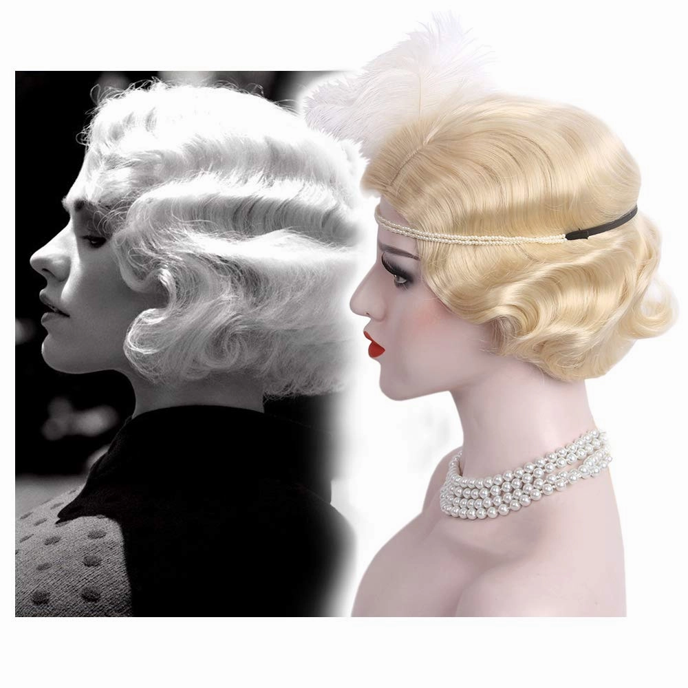 STfantasy 20S Finger Wave Wig Flapper Curly Synthetic Hair for Women 1920s Cosplay Costume Halloween Party Daily Everyday Wear (Blonde)