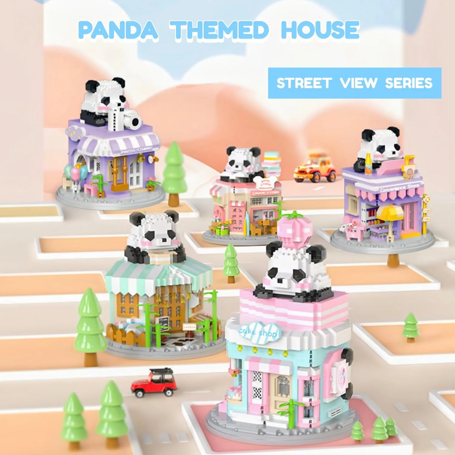 Street View Cake Shop Mini Building Blocks,1013 Pieces Cute Panda Animal Micro Building Sets,Simulation Architecture Construction Toy,Creative Gifts for Adults Boys Girls 12 