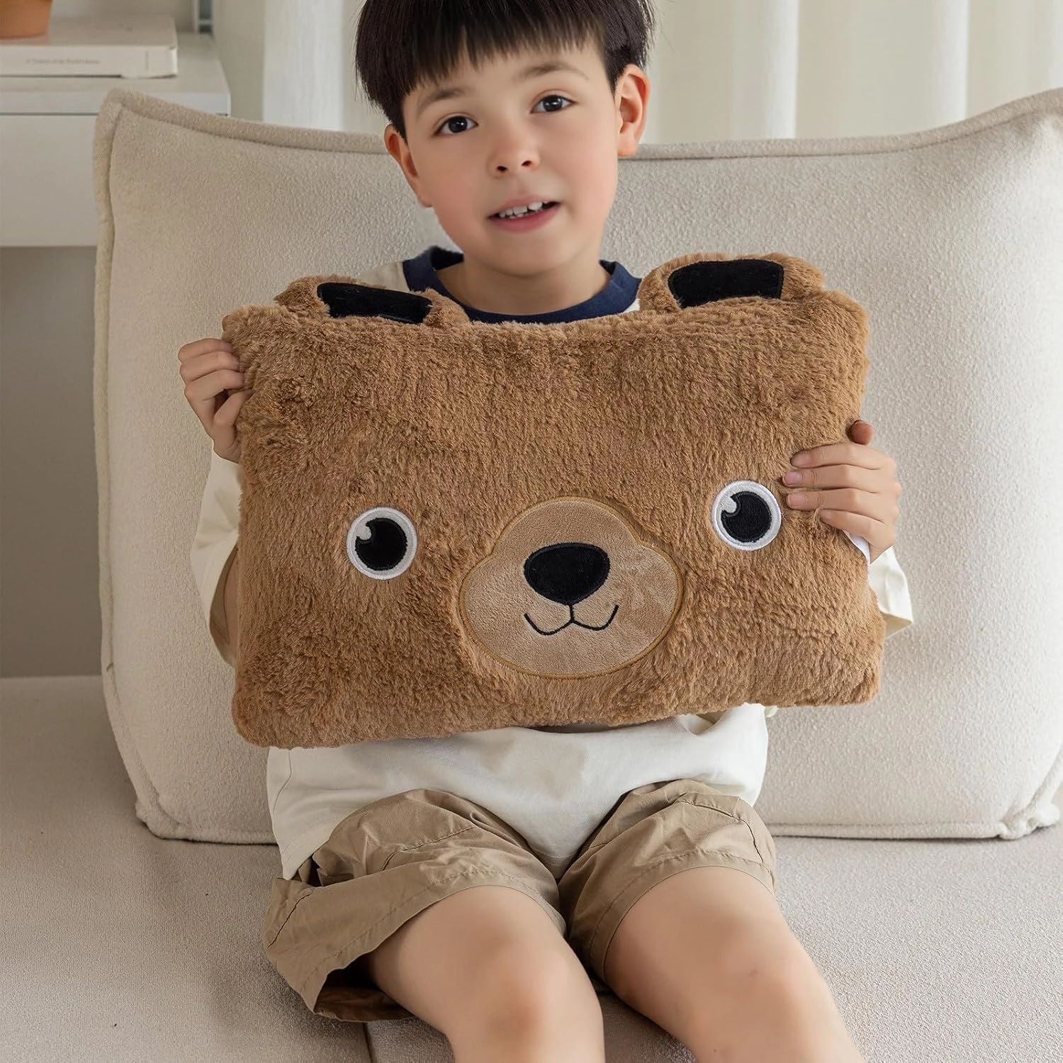 Stuffed Animal Lumbar Pillow, Super Soft Plush Cuddle Throw Pillow for Kids, Cute Bear Pillow, 10 x 16 Inches, Brown