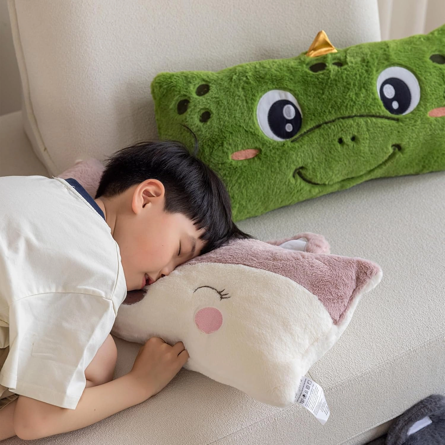 Stuffed Animal Lumbar Pillow, Super Soft Plush Cuddle Throw Pillow for Kids, Cute Dinosaur Shaped Pillow, 12 x 24 Inches, Green