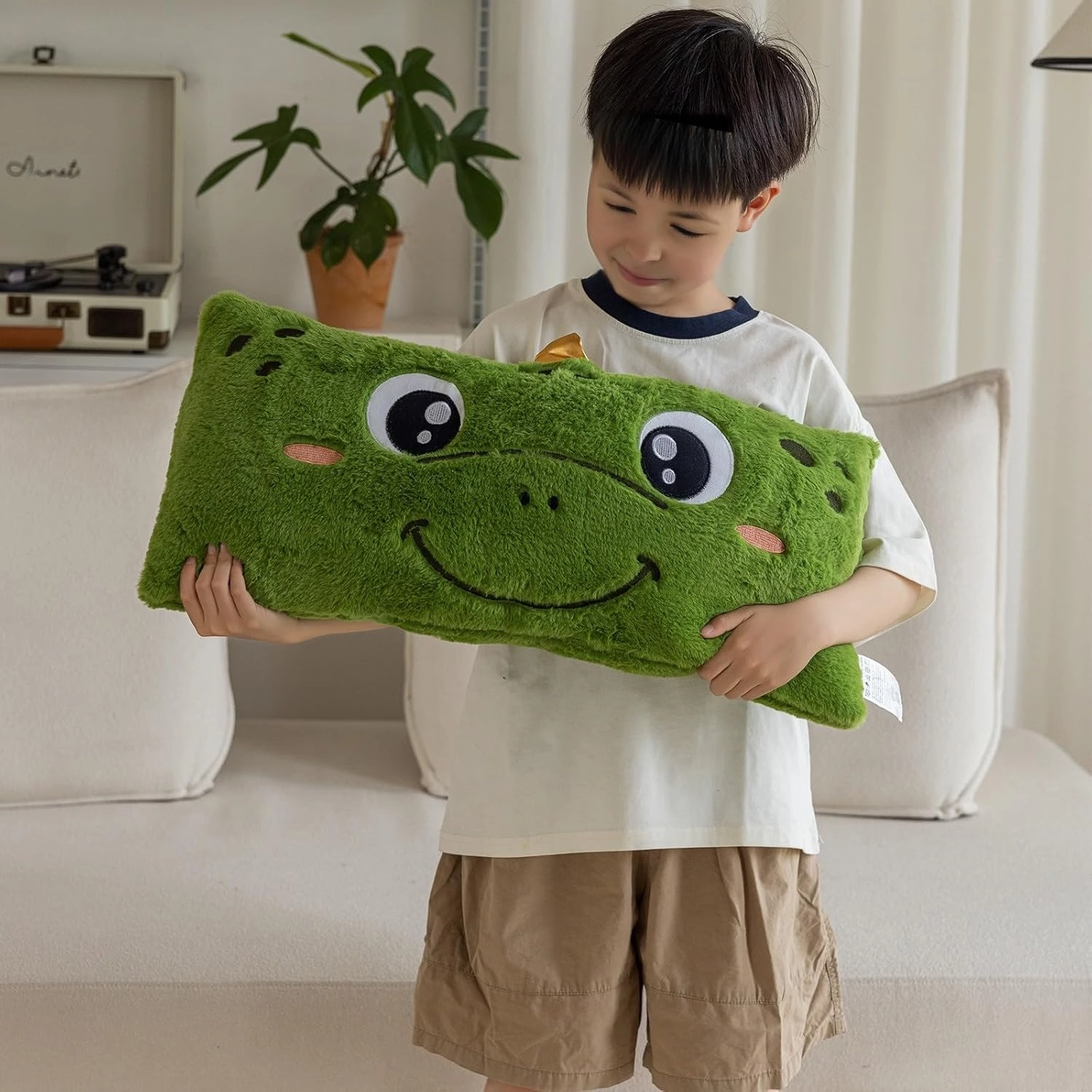 Stuffed Animal Lumbar Pillow, Super Soft Plush Cuddle Throw Pillow for Kids, Cute Dinosaur Shaped Pillow, 12 x 24 Inches, Green