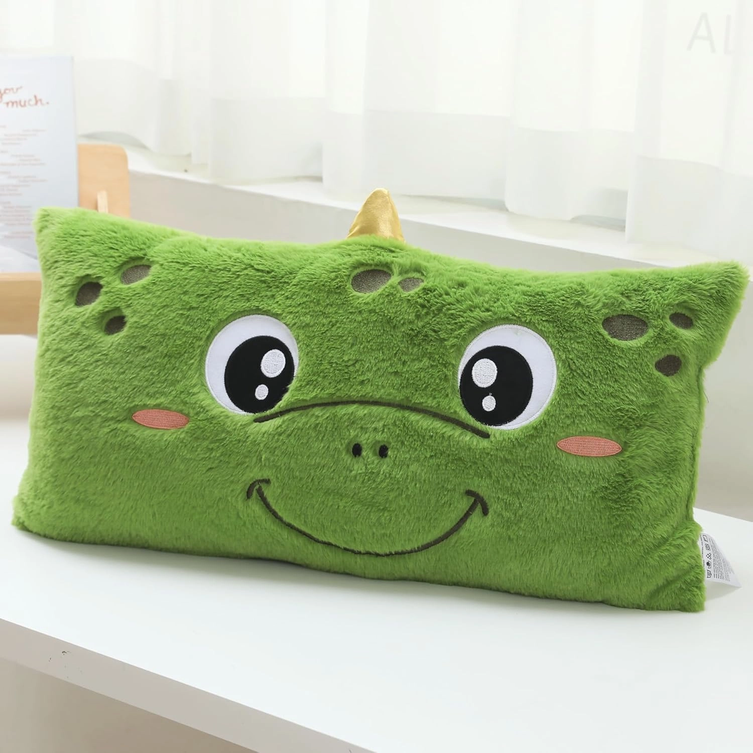 Stuffed Animal Lumbar Pillow, Super Soft Plush Cuddle Throw Pillow for Kids, Cute Dinosaur Shaped Pillow, 12 x 24 Inches, Green