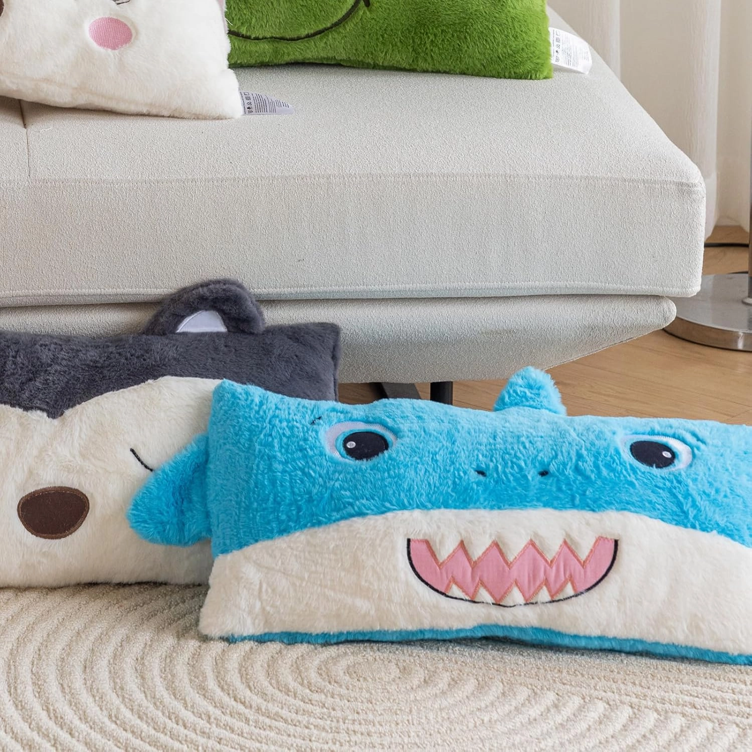 Stuffed Animal Lumbar Pillow, Super Soft Plush Cuddle Throw Pillow for Kids, Cute Shark Shaped Pillow, 12 x 24 Inches, Baby Blue