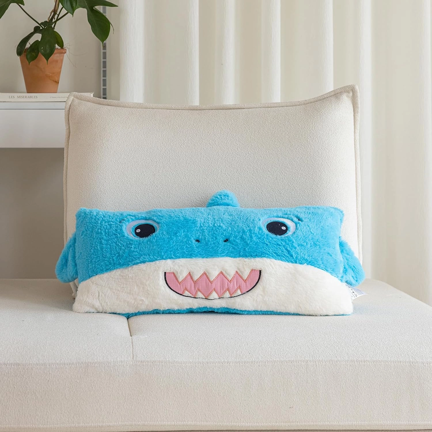 Stuffed Animal Lumbar Pillow, Super Soft Plush Cuddle Throw Pillow for Kids, Cute Shark Shaped Pillow, 12 x 24 Inches, Baby Blue