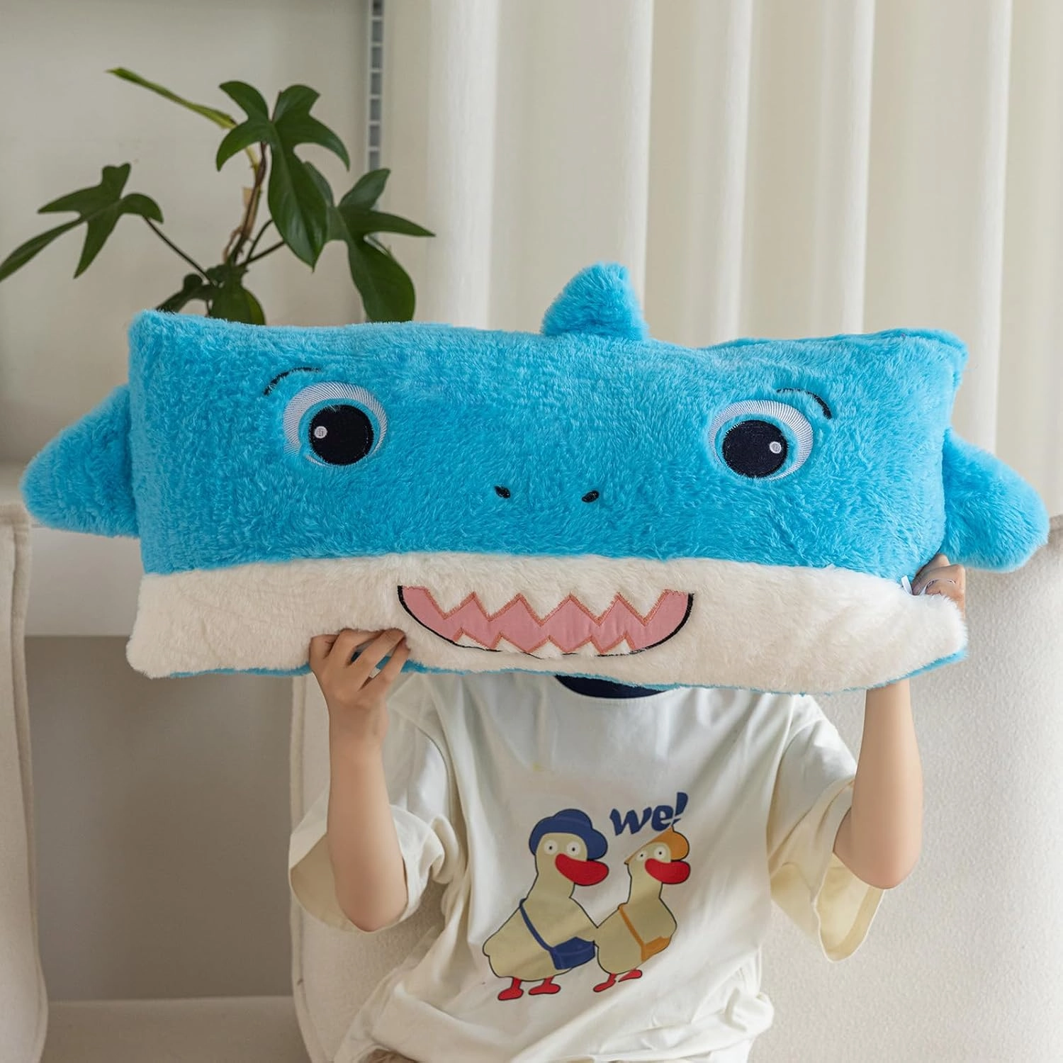 Stuffed Animal Lumbar Pillow, Super Soft Plush Cuddle Throw Pillow for Kids, Cute Shark Shaped Pillow, 12 x 24 Inches, Baby Blue