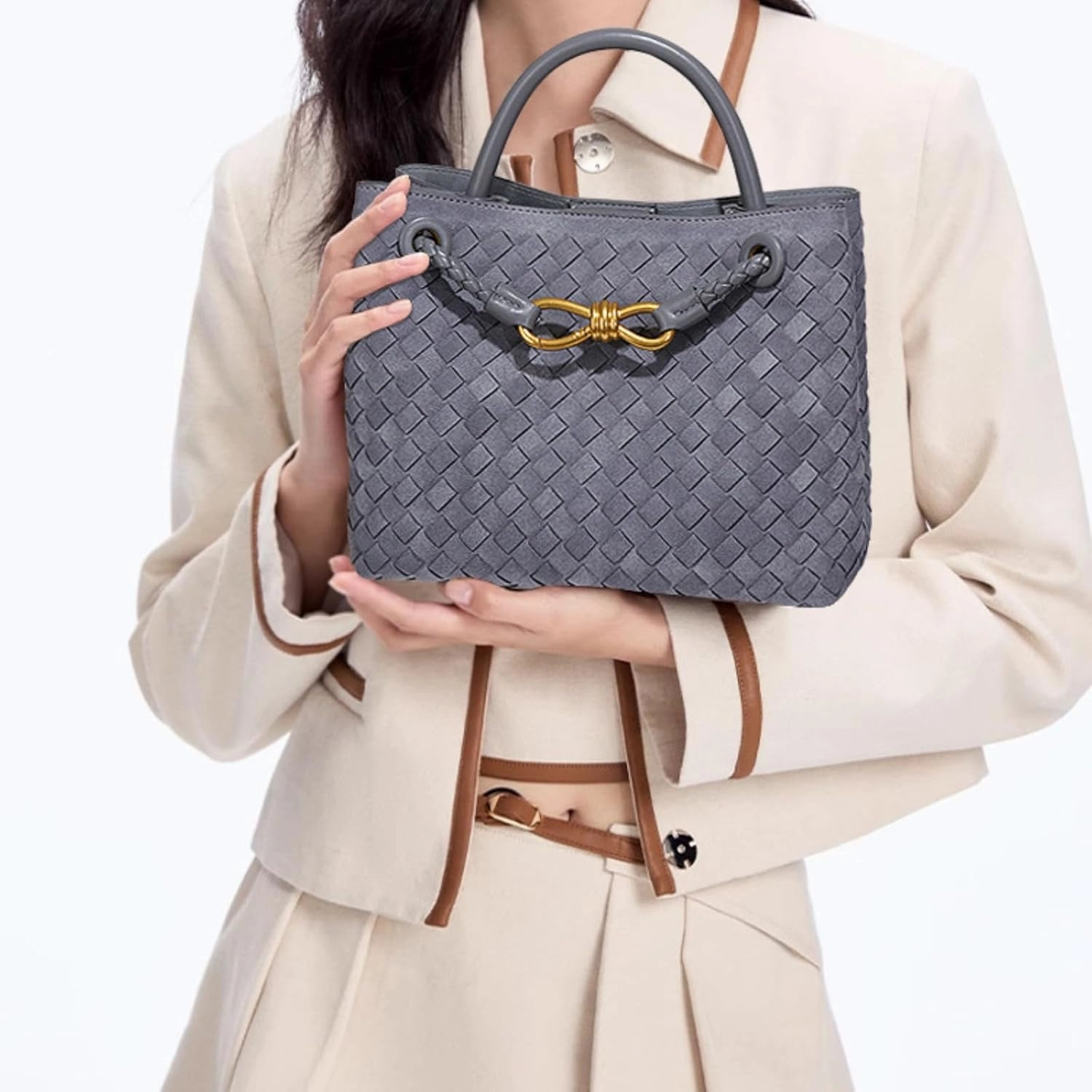 Suede Woven Tote Bag for Women, Top-handle Suede Woven Hobo Clutch Leather Crossbody Purse Shoulder Satchel Handbag