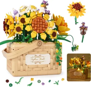 Sunflower Flower Bouquet Building Set Basket with LED String Light, Aroma Tablets, Creative Sunflower Flowers Building Blocks Set Toy Decor for Home Office. (1277 PCS)