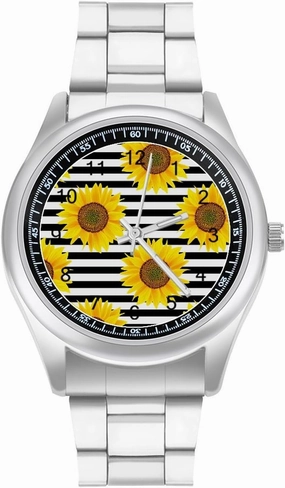 Sunflowers White Striped Casual Wrist Watches for Men Classic Business Dress Watch Big Face for Work Gym, style