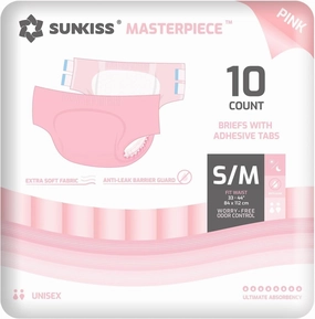 SUNKISS Masterpiece Adult Diapers with Tabs, Unisex Disposable Incontinence Briefs for Women and Men, Odor Control, Pink, Small/Medium, 10 Count