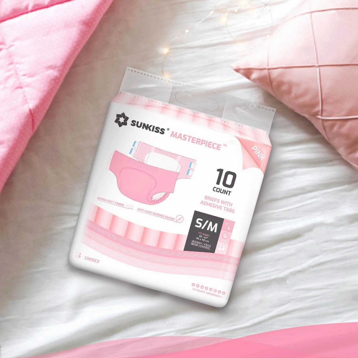 SUNKISS Masterpiece Adult Diapers with Tabs, Unisex Disposable Incontinence Briefs for Women and Men, Odor Control, Pink, Small/Medium, 10 Count