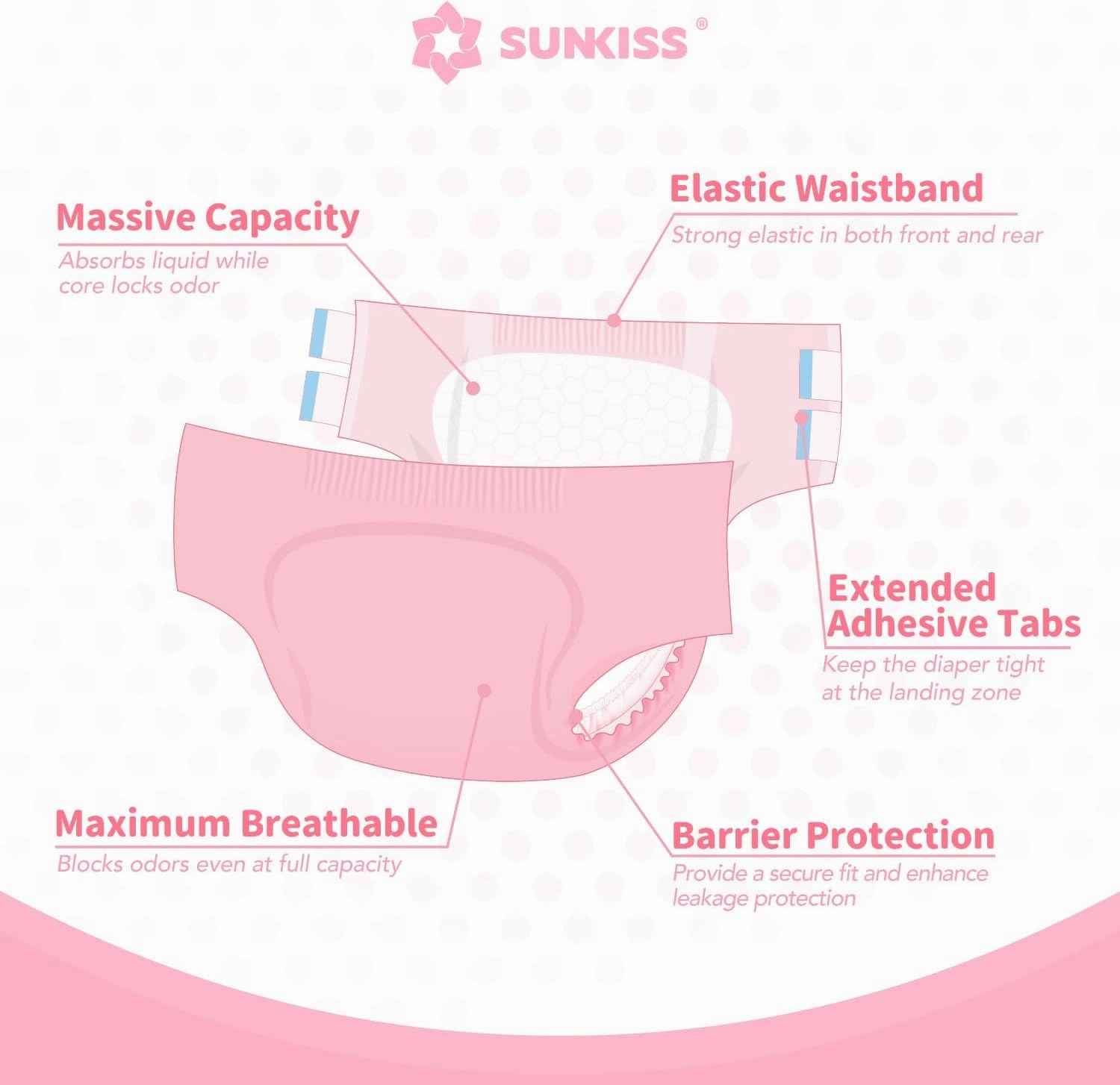 SUNKISS Masterpiece Adult Diapers with Tabs, Unisex Disposable Incontinence Briefs for Women and Men, Odor Control, Pink, Small/Medium, 10 Count
