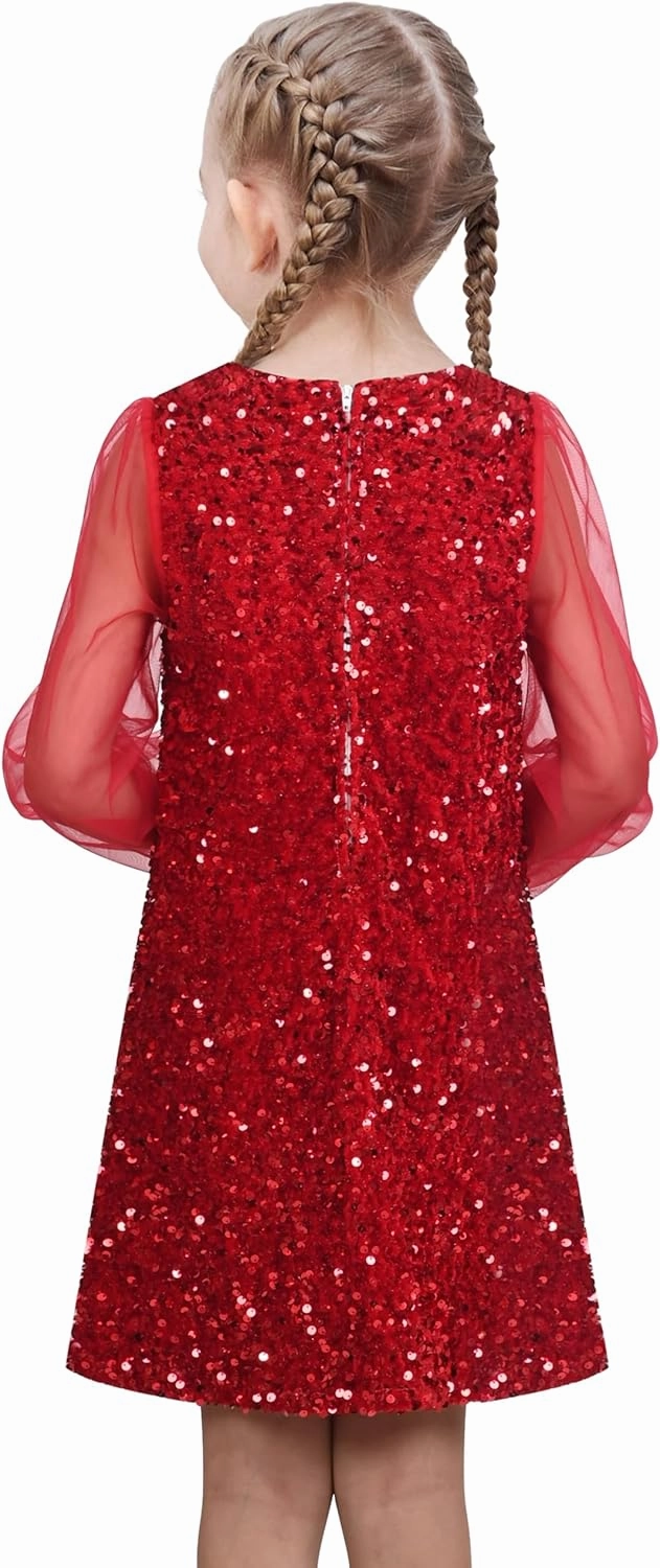 Sunny Fashion Girls Dress Black Sequin Sheer Mesh Long Sleeve Party Elegant Ball Gown