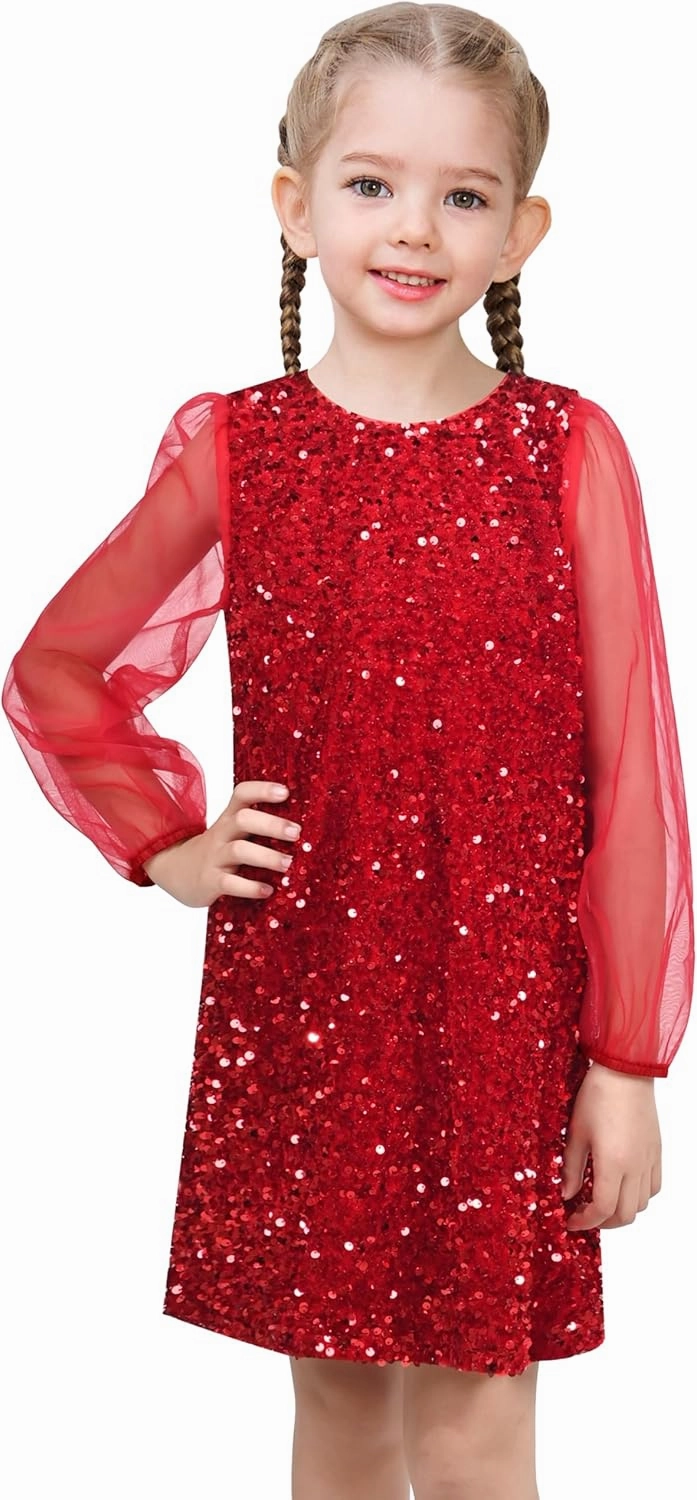 Sunny Fashion Girls Dress Black Sequin Sheer Mesh Long Sleeve Party Elegant Ball Gown