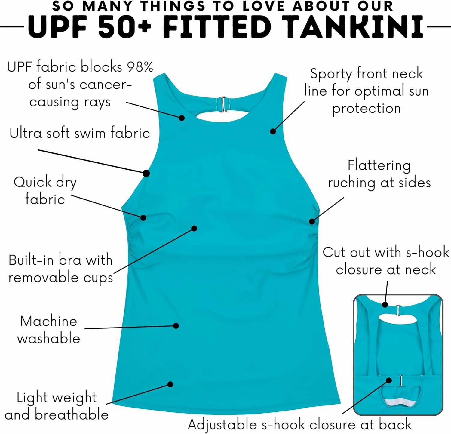 SwimZip Women's High Neck Fitted Tankini Swim Shirt - UPF 50  Sun Protection