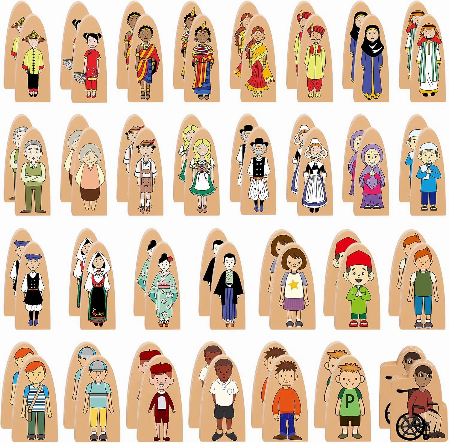 Syhood 60 Pcs Wooden Creative Community Helpers, 2 Sets Multicultural Character Set Cute People Double Sided Figures Block for Classroom Open Ended Educational Learning Diversity Figurines Toy