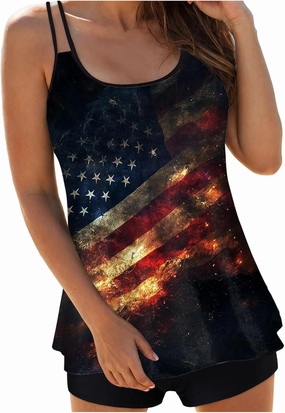 Tankini Swimsuits for Women 4th of July Tummy Control Swimsuit Bathing Suit Top with Boyshorts Flowy Swimwear