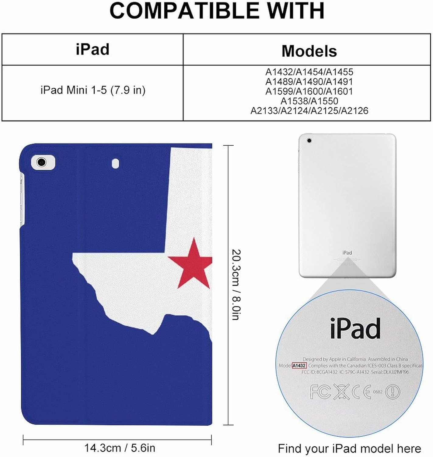 Texas Flag Map Fashion Case Waterproof Protective Cover Adjustable Stand Auto Sleep/Wake Compatible with ipad Mini 1/2/3/4/5 (7.9in)