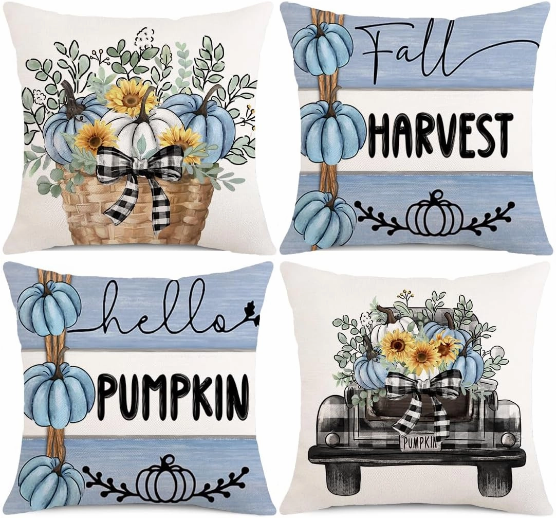Thanksgiving Day Decor Pillow Covers 18x18 Set of 4 Farmhouse Decorations Stripes Pumpins Outdoor Fall Harvest Decorative Throw Pillow Covers Autumn Cushion Case for Couch Sofa Blue
