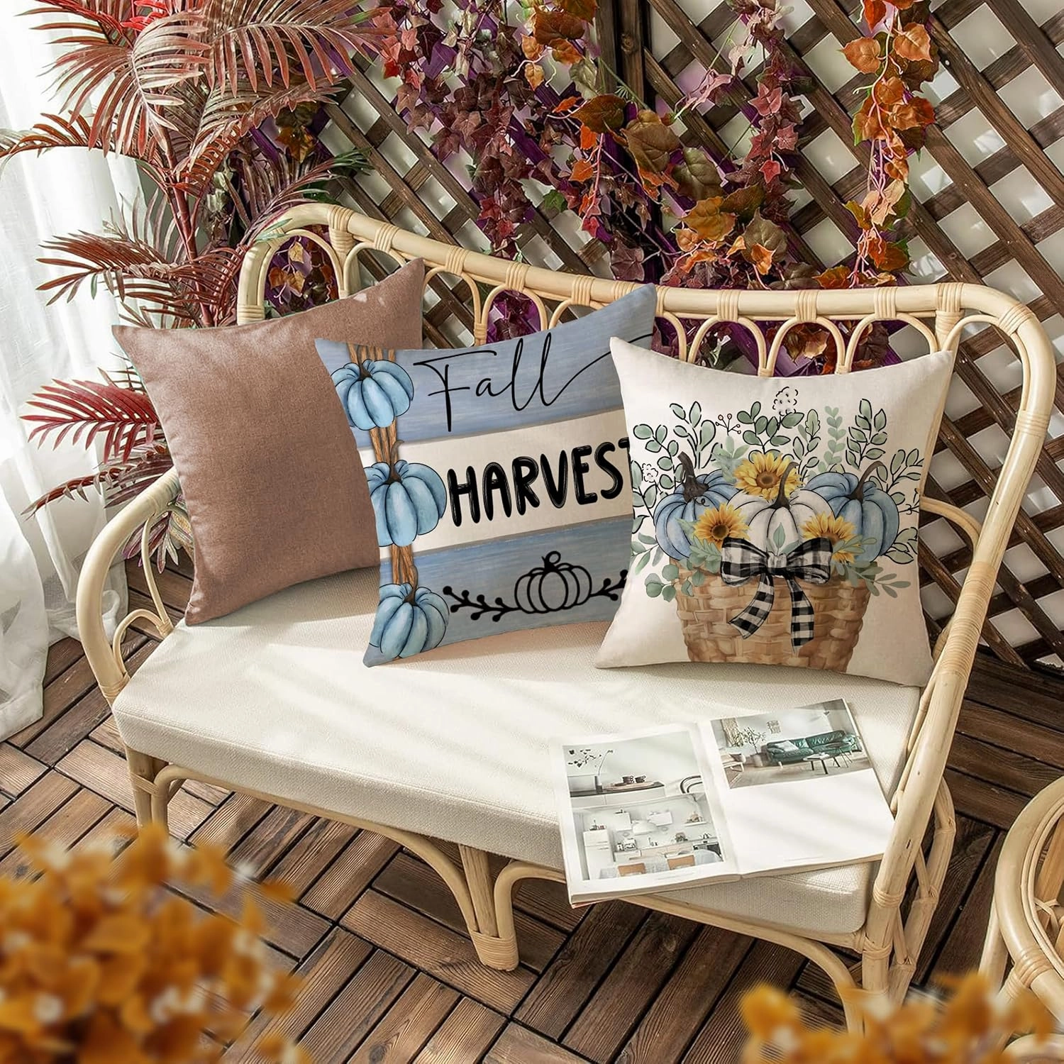 Thanksgiving Day Decor Pillow Covers 18x18 Set of 4 Farmhouse Decorations Stripes Pumpins Outdoor Fall Harvest Decorative Throw Pillow Covers Autumn Cushion Case for Couch Sofa Blue