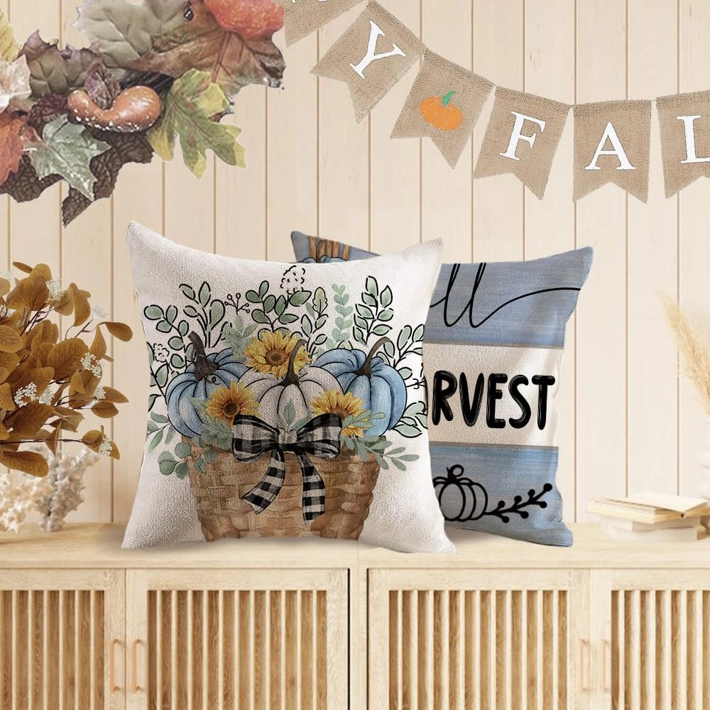 Thanksgiving Day Decor Pillow Covers 18x18 Set of 4 Farmhouse Decorations Stripes Pumpins Outdoor Fall Harvest Decorative Throw Pillow Covers Autumn Cushion Case for Couch Sofa Blue