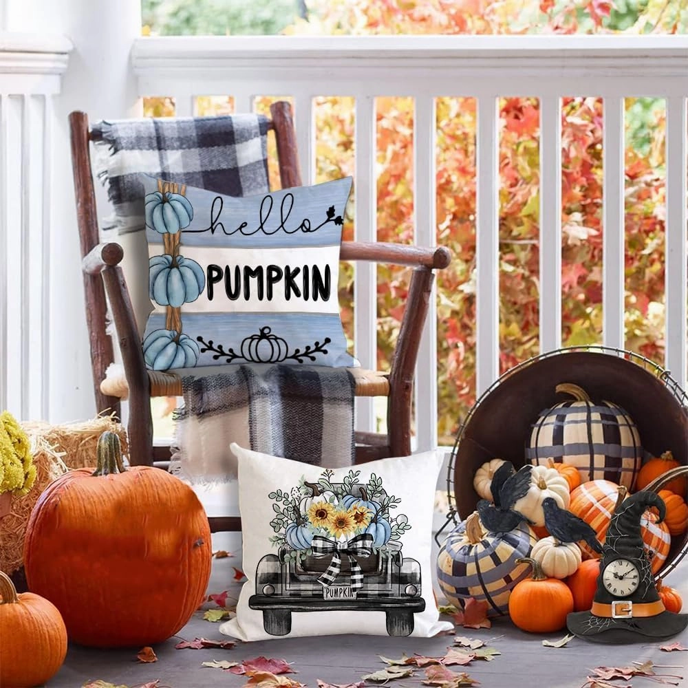 Thanksgiving Day Decor Pillow Covers 18x18 Set of 4 Farmhouse Decorations Stripes Pumpins Outdoor Fall Harvest Decorative Throw Pillow Covers Autumn Cushion Case for Couch Sofa Blue