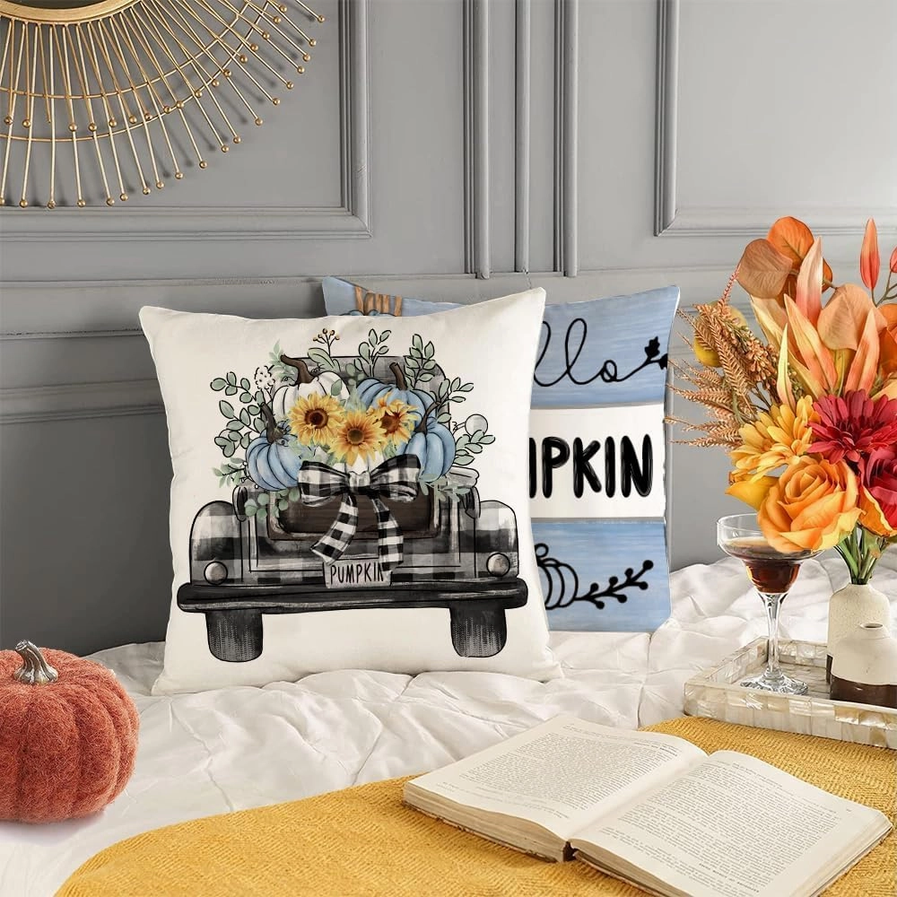 Thanksgiving Day Decor Pillow Covers 18x18 Set of 4 Farmhouse Decorations Stripes Pumpins Outdoor Fall Harvest Decorative Throw Pillow Covers Autumn Cushion Case for Couch Sofa Blue