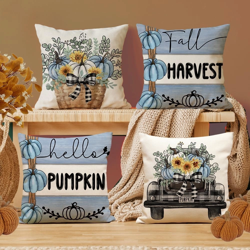 Thanksgiving Day Decor Pillow Covers 18x18 Set of 4 Farmhouse Decorations Stripes Pumpins Outdoor Fall Harvest Decorative Throw Pillow Covers Autumn Cushion Case for Couch Sofa Blue