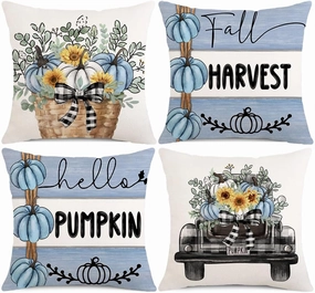 Thanksgiving Day Decor Pillow Covers 18x18 Set of 4 Farmhouse Decorations Stripes Pumpins Outdoor Fall Harvest Decorative Throw Pillow Covers Autumn Cushion Case for Couch Sofa Blue