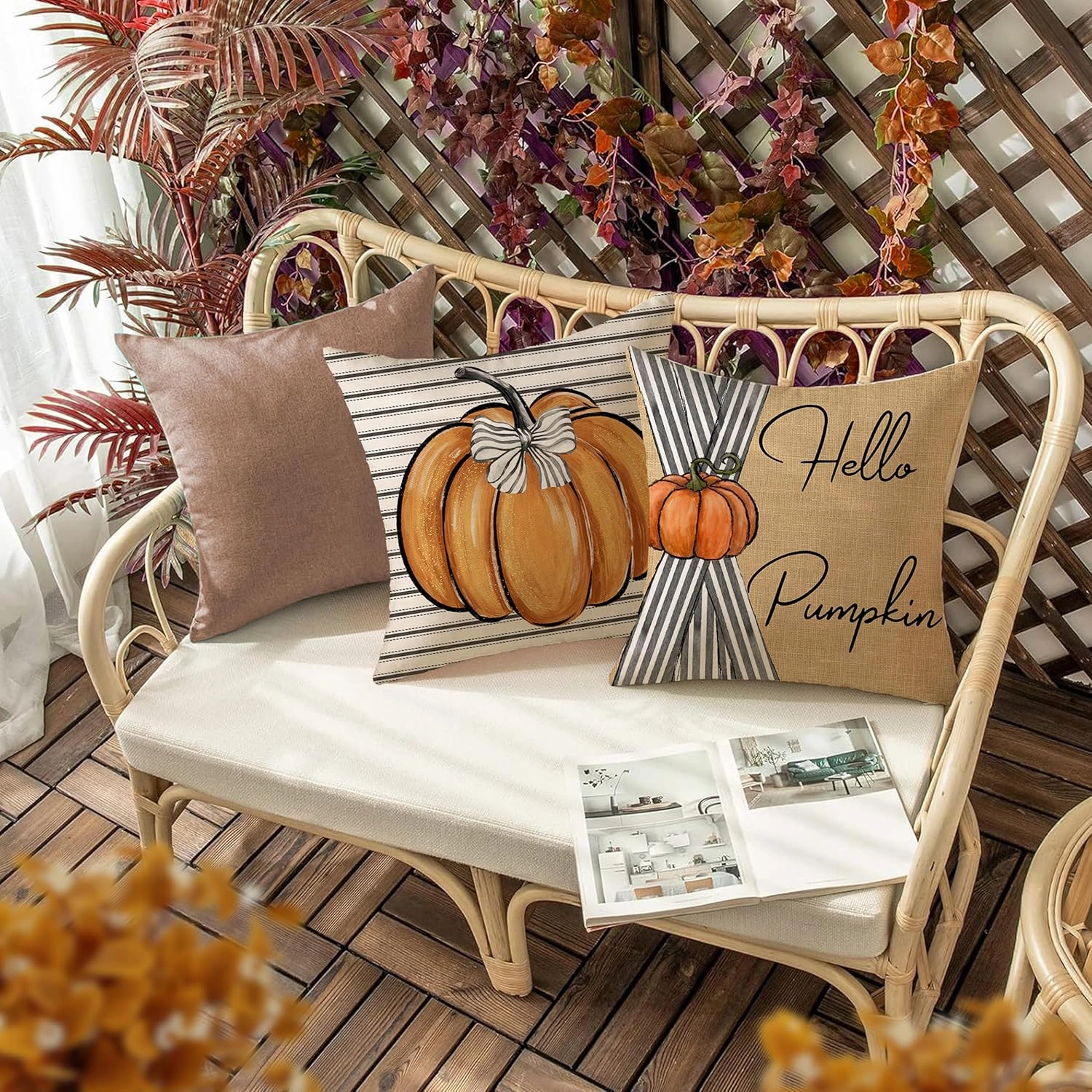 Thanksgiving Day Pillow Covers 18x18 Inch Set of 4, Hello Pumpkin Maple Leaves Striped Fall Pillows Decorative Throw Pillow Autumn Farmhouse Cushion Cases for Home Decoration