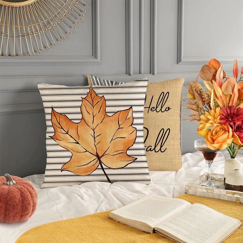 Thanksgiving Day Pillow Covers 18x18 Inch Set of 4, Hello Pumpkin Maple Leaves Striped Fall Pillows Decorative Throw Pillow Autumn Farmhouse Cushion Cases for Home Decoration