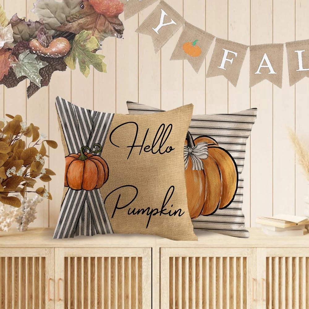 Thanksgiving Day Pillow Covers 18x18 Inch Set of 4, Hello Pumpkin Maple Leaves Striped Fall Pillows Decorative Throw Pillow Autumn Farmhouse Cushion Cases for Home Decoration