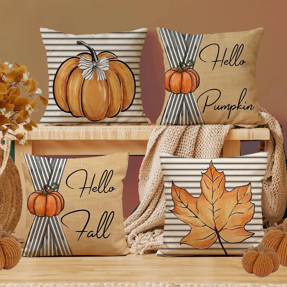 Thanksgiving Day Pillow Covers 18x18 Inch Set of 4, Hello Pumpkin Maple Leaves Striped Fall Pillows Decorative Throw Pillow Autumn Farmhouse Cushion Cases for Home Decoration