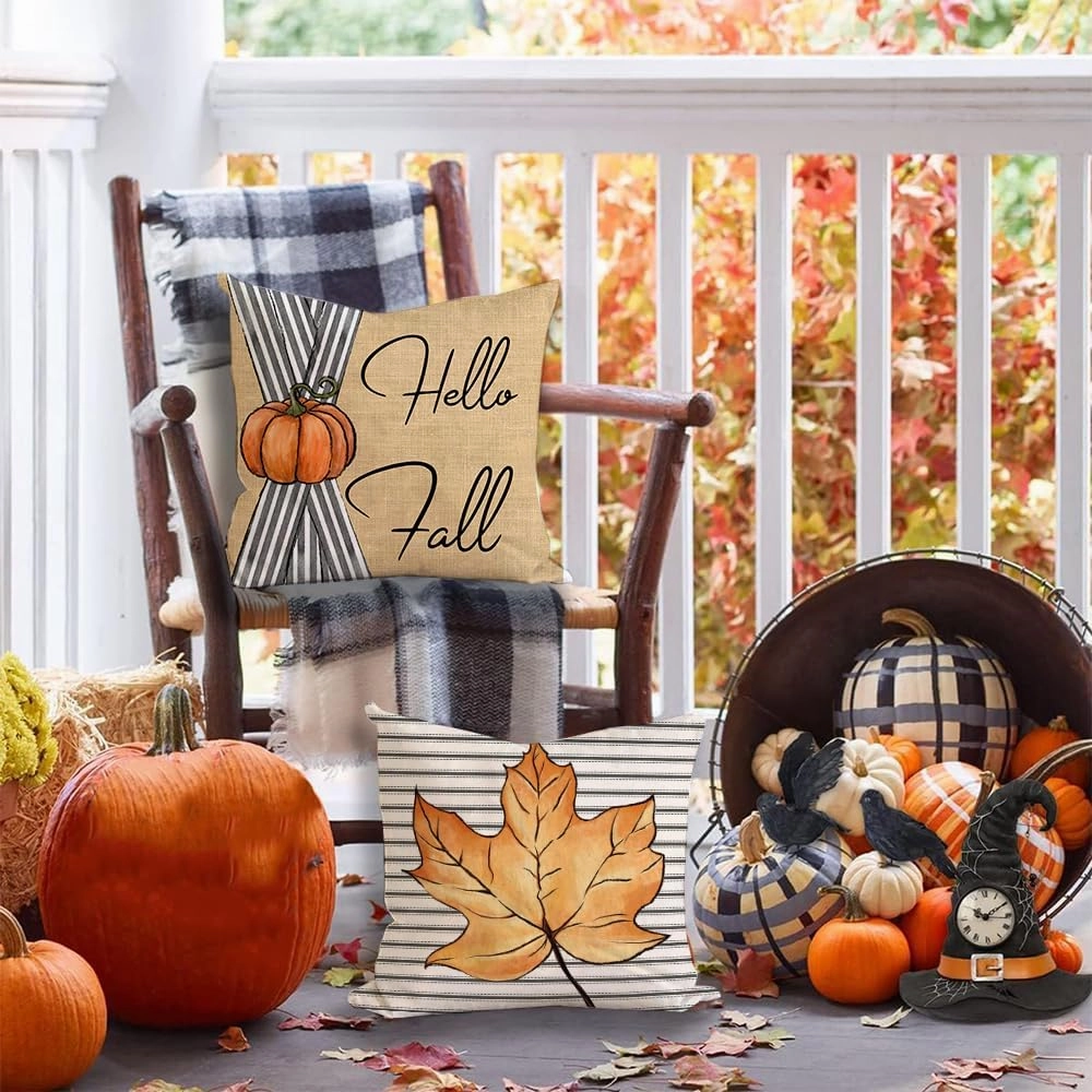 Thanksgiving Day Pillow Covers 18x18 Inch Set of 4, Hello Pumpkin Maple Leaves Striped Fall Pillows Decorative Throw Pillow Autumn Farmhouse Cushion Cases for Home Decoration