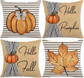 Thanksgiving Day Pillow Covers 18x18 Inch Set of 4, Hello Pumpkin Maple Leaves Striped Fall Pillows Decorative Throw Pillow Autumn Farmhouse Cushion Cases for Home Decoration