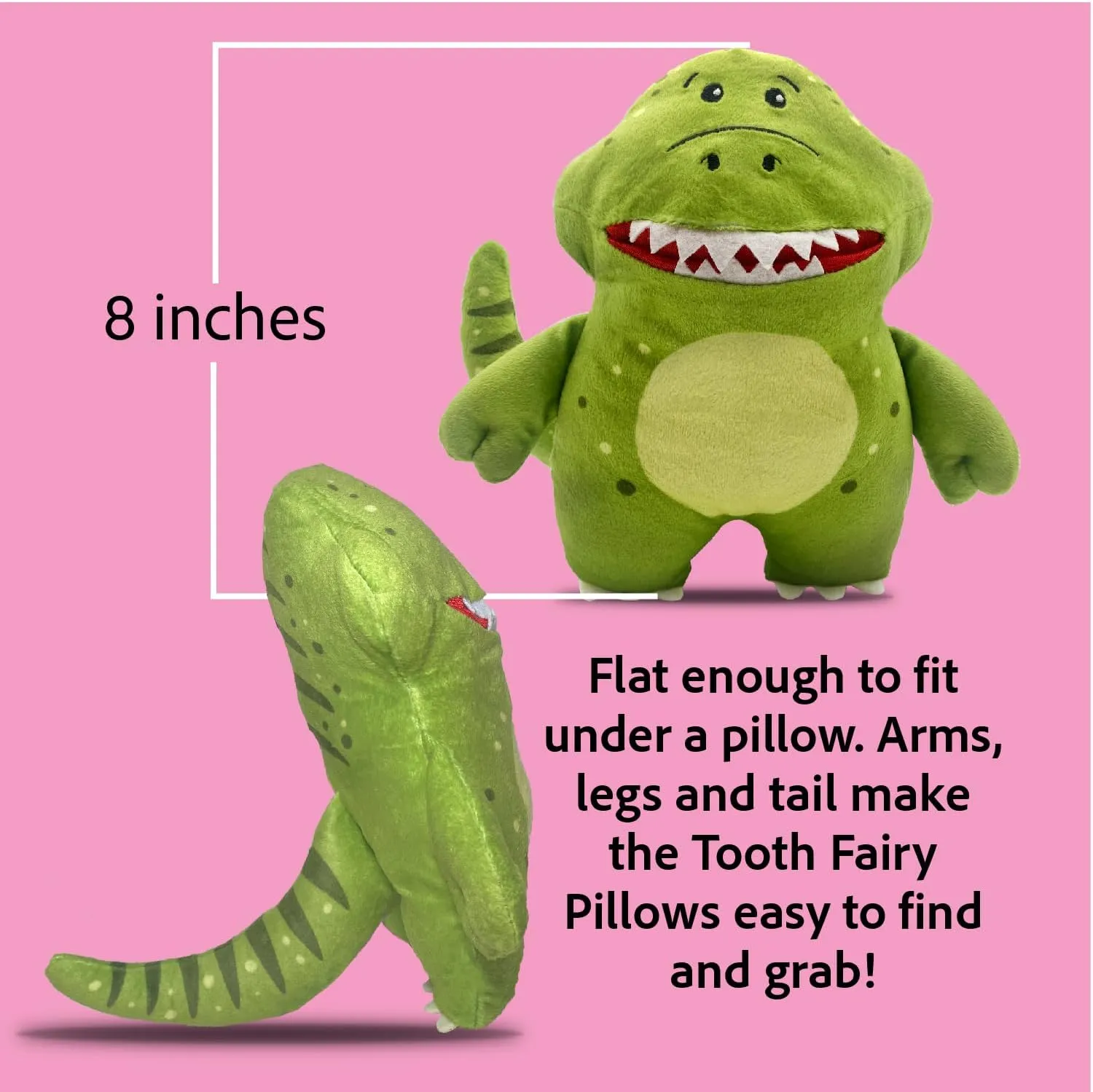 The Tooth Brigade Tooth Fairy Pillow | Stuffed Plush with Large Pocket Mouth for Lost Teeth, Treasures, Prizes - Fun and Interactive Plush, Perfect Kids, Boys, & Girls Gift (Rebel Dinosaur)