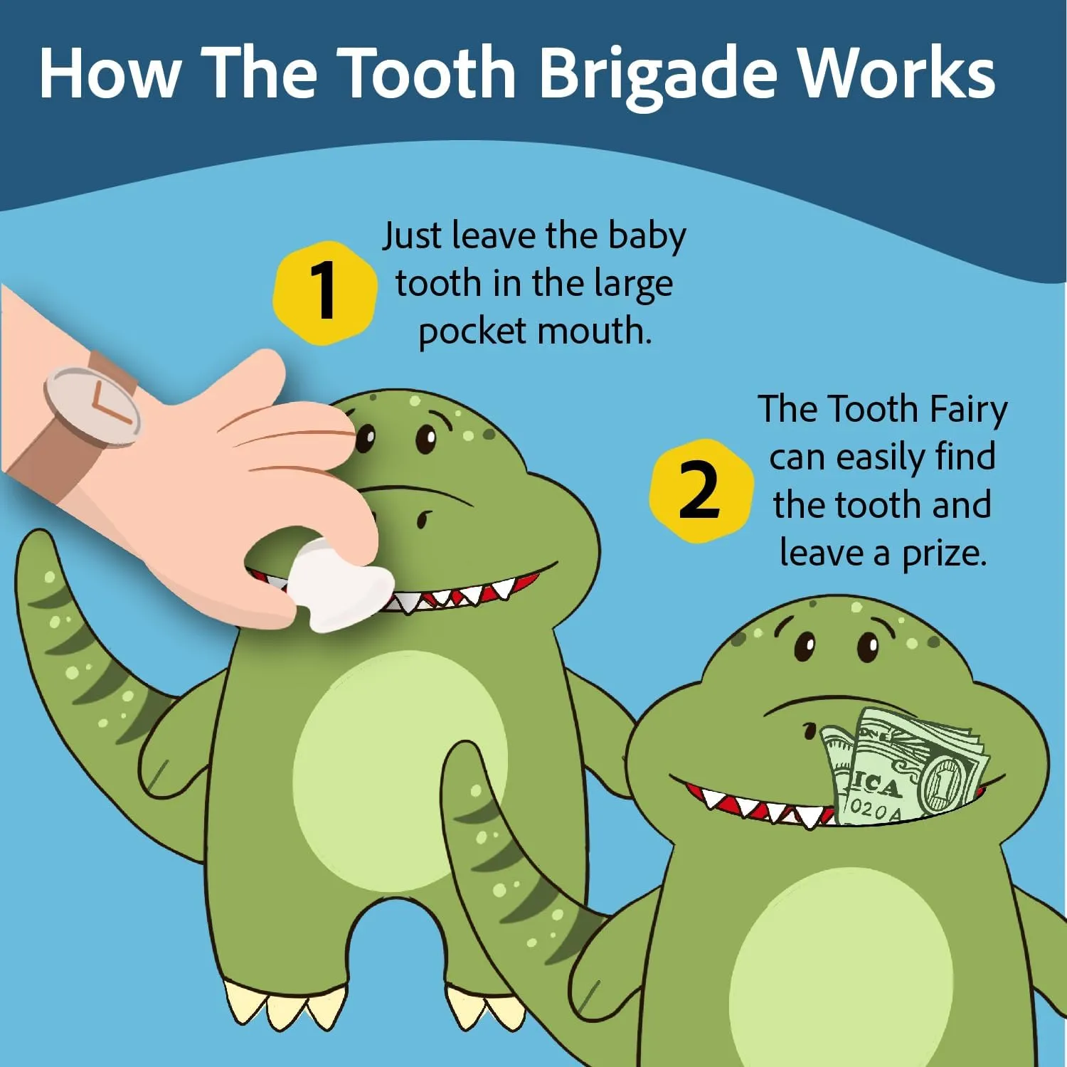 The Tooth Brigade Tooth Fairy Pillow | Stuffed Plush with Large Pocket Mouth for Lost Teeth, Treasures, Prizes - Fun and Interactive Plush, Perfect Kids, Boys, & Girls Gift (Rebel Dinosaur)