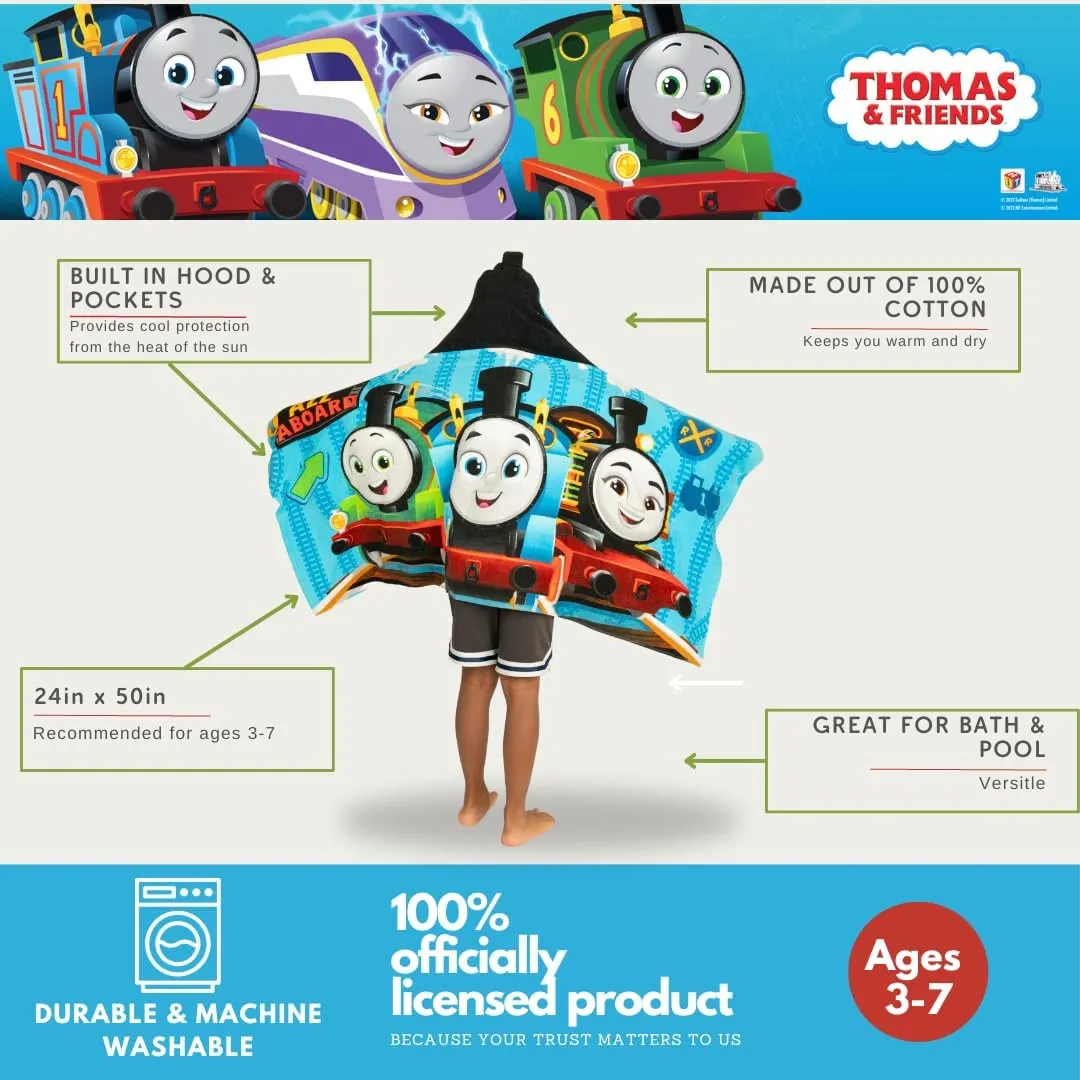 Thomas & Friends Kids Super Soft Bath/Pool/Beach Soft Cotton Terry Hooded Towel Wrap, 24 in x 50 in, (100% Officially Licensed Product) By Franco