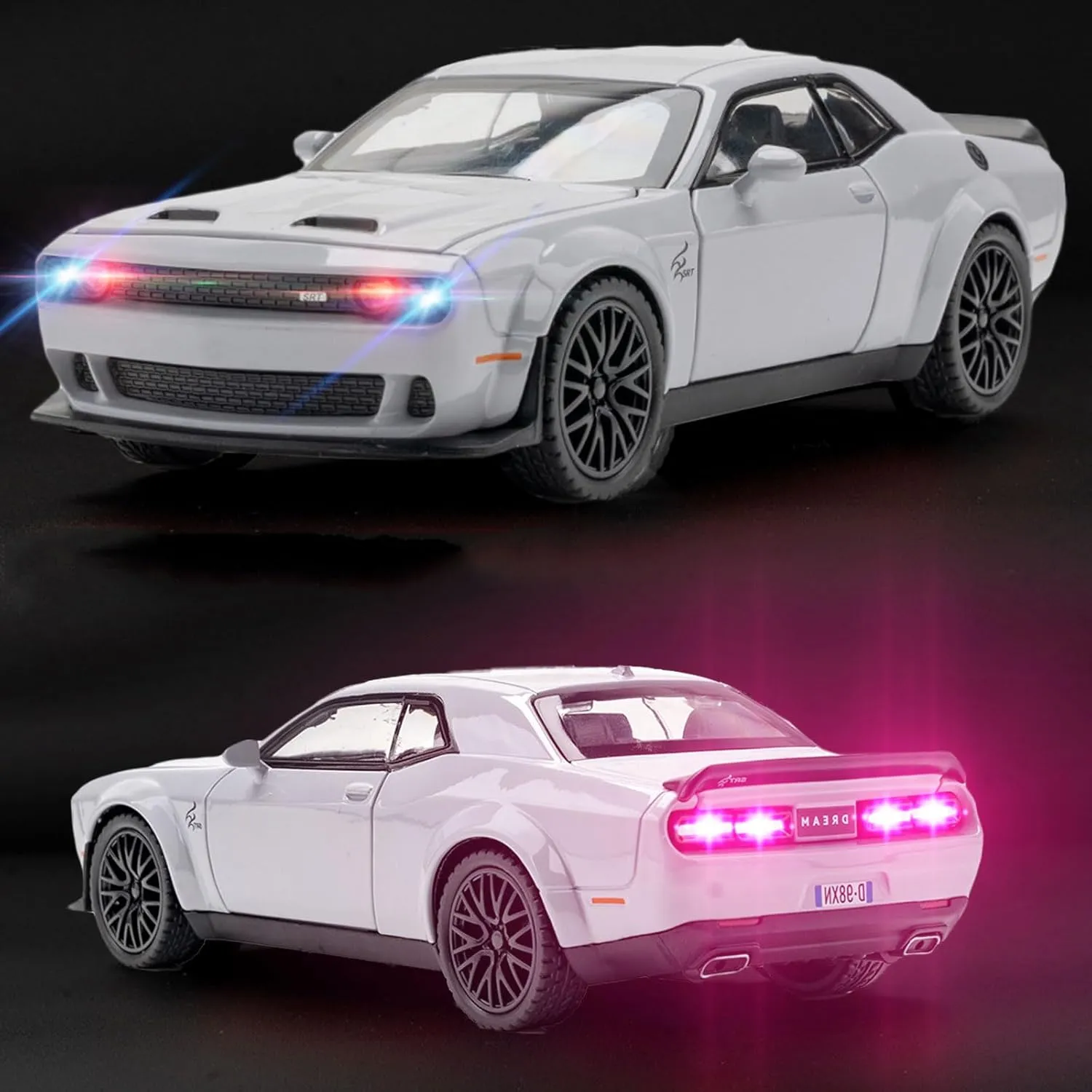 Toy Cars 1/32 Dodge Challenger Die Cast Metal Toy Cars Hellcat Toy Car with Sound and Light Pull Back Hellcat Car for 3  Year Old Boys and Kids