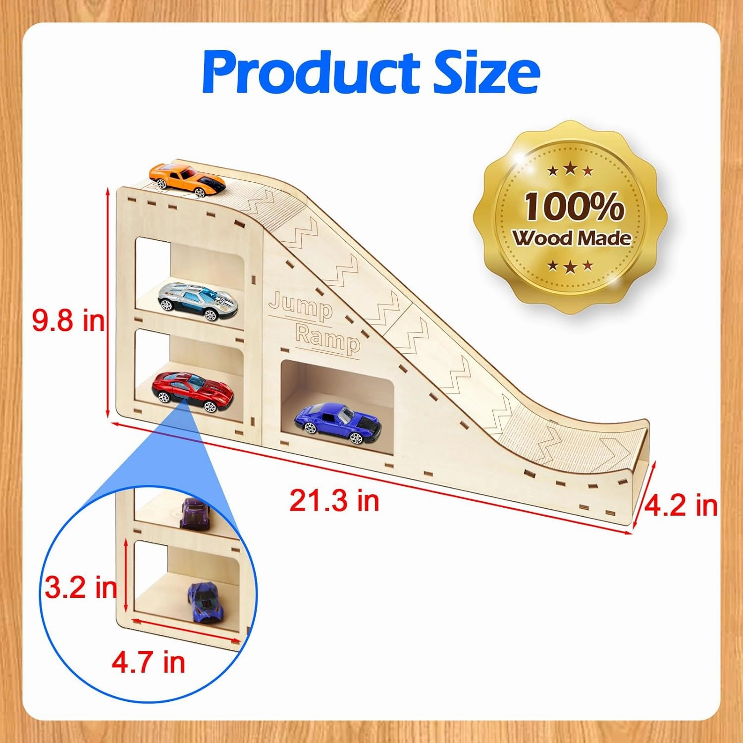 Toy Cars Jump Ramp, Toy Car Track Set for Hot Wheels, Race Cars Track for Hot Wheels and Diecast Cars, Playing/Storage/Display/Race Track Set, Wood Jump Ramp for Hot Wheels Cars and Montessori