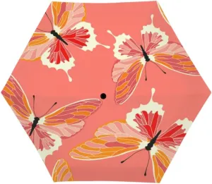Travel Umbrella for Rain Windproof butterflies coral color design butterfly Cute Portable Compact Mini Umbrella for Women Purse Backpack Car Black Sun UV Protection
