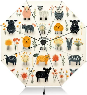 Travel Umbrella for Rain Windproof icons cute animals and plants cartoon naive style Automatic Cute Portable Compact Umbrella for Women Purse Backpack Car Black Sun UV Protection, Mulit4