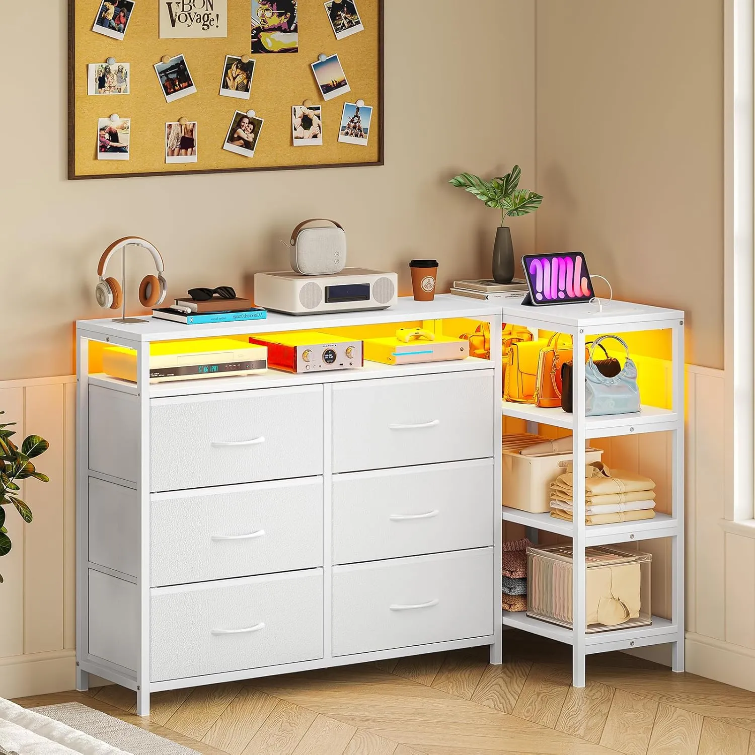 TV Stand for Bedroom with Power Outlets and LED Lights, TV Stand Dresser for 60 Inch TV, Changable L Shape TV Stand Dresser, TV Console with Open Shelf, 53.5 Inches Wide White Dresser, PU