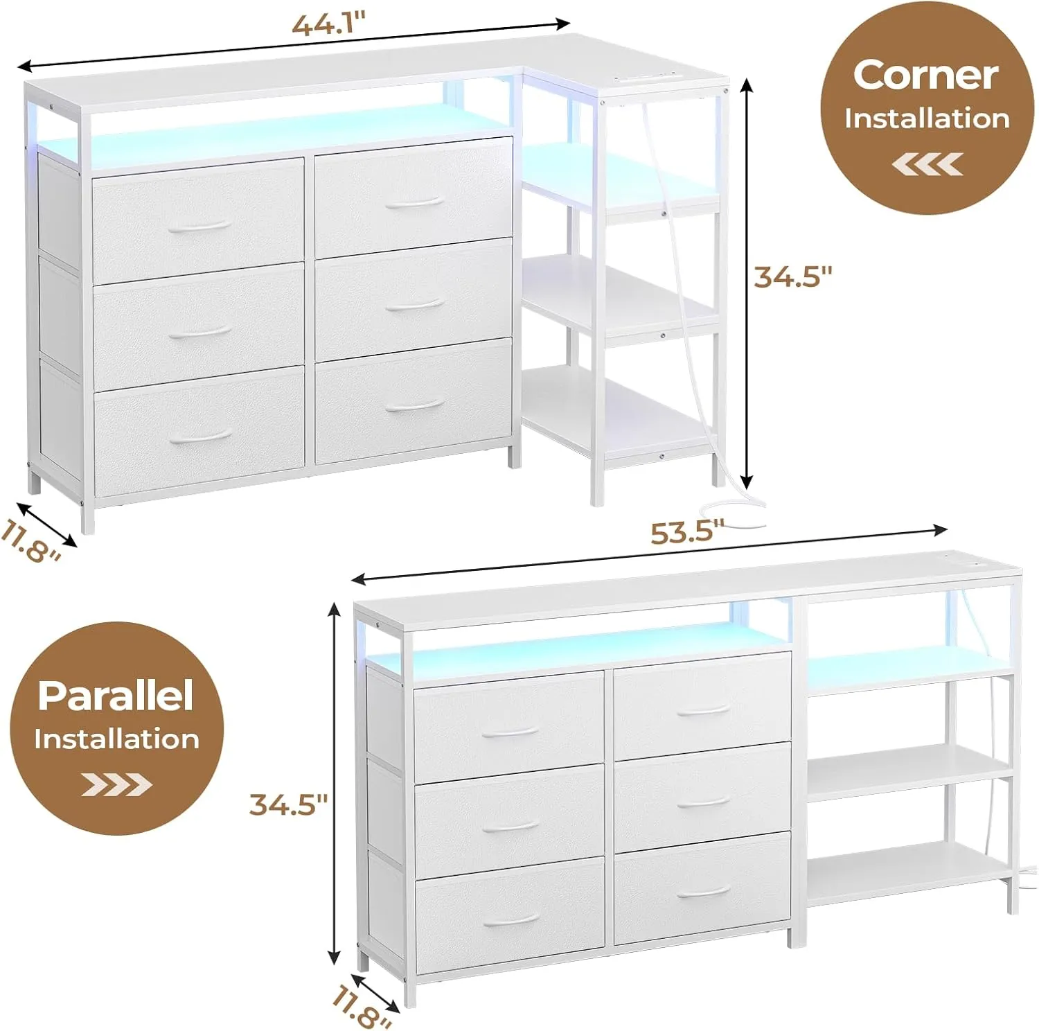 TV Stand for Bedroom with Power Outlets and LED Lights, TV Stand Dresser for 60 Inch TV, Changable L Shape TV Stand Dresser, TV Console with Open Shelf, 53.5 Inches Wide White Dresser, PU